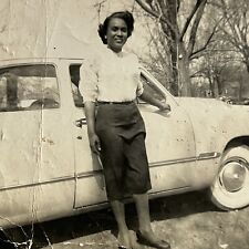 Vintage B&W Snapshot Photograph Beautiful Black African American Woman Car picture