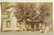 Real Photo Postcard RPPC Unidentified Yard Dog Rests People Sit Push Lawnmower picture