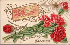 1909 JULY BIRTHDAY Embossed Postcard Ruby Stone / Carnation Flower w/Cancel picture