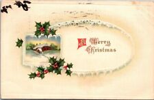 1915 Posted A Merry Christmas Holly Leaves Embossed Antique Postcard B16 picture