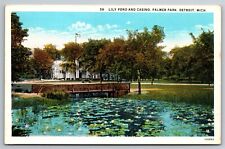 Casino & Lily Pond Palmer Park Wooden Bridge Flag Detroit MI C1930 Postcard H6 picture