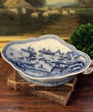 Stunning Scalloped Blue White Chinoiserie Canton Village Pagoda Pedestal Tray 9” picture