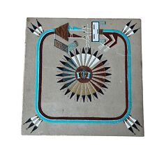 Navajo Vintage Rainbow Sun Eagle Sand Painting Art Blue Turquoise Signed 12x12 picture