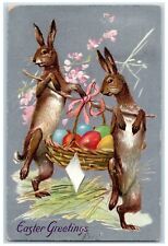 1909 Easter Greetings Anthropomorphic Rabbit Basket Egg Pansies Tuck's Postcard picture
