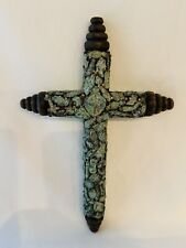 Vintage Half Round Wood Milagros Cross Hand Made Hecho en Mexico Green Patina picture