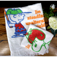 Vintage 70s Charlie Brown Snoopy Lucy Baseball Peanuts Hand Dish Towel Set of 2 picture