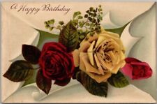 Vintage HAPPY BIRTHDAY Greetings GEL Postcard Red & Yellow Roses / Dated 1911 picture