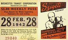 Rochester City Trolley & Bus Lines Pass February 28 1942 Joseph Szigeti Violin picture