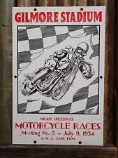 VINTAGE GILMORE PORCELAIN SIGN 1934 MOTORCYCLE RACE CAR OIL GAS STATION SERVICE picture