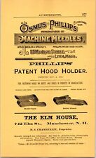 1889 Print Ad - Osmus Phillips, Lynn Massachusetts- Machine Needles, Hood Holder picture