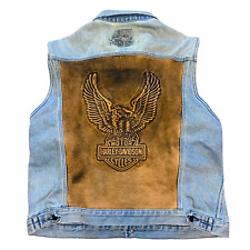 HARLEY DAVIDSON Denim Vest VTG Biker Blues Leather Embossed Insert Mens USA XL picture