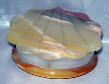 Yellow Hand Carved Alabaster Hinged Scalloped Edge Trinket Dresser Box picture