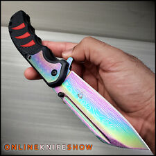 SPRING TACTICAL ASSISTED POCKET KNIFE Rainbow Folding Cleaver Razor Etched Blade picture