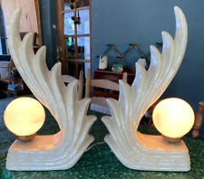 Mint Pair Vtg Mid Century Modern IVORY Flame WAVE Ceramic Table Lamps POP ART picture