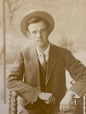 1910s RPPC: HANDSOME MAN WITH SPECTACLES & HAT antique real photograph postcard picture
