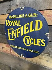 VINTAGE ROYAL ENFIELD PORCELAIN SIGN MADE IN ENGLAND LIKE A GUN MOTORCYCLE CYCLE picture
