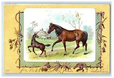 1907 Horses Scene At Farm Horseshoe Pinecone Rope Posted Antique Postcard picture