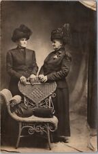 1910s Studio Photo RPPC Postcard 2 Older Women /Black Dresses Large Hats Fashion picture