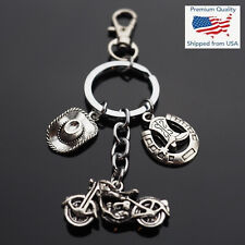 Classic Motorcycle Cowboy Hat Horseshoe & Boot Spur 3-Charm Keychain Clip Gift picture