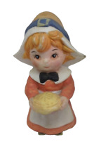Vintage Lefton Bisque Pilgrim Girl Holding Pie Thanksgiving Figurine picture