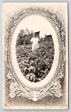 RPPC Art Nouveau Border Woman In Field Farm Crop Masked Photo Postcard R30 picture