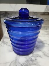 Vintage Art Deco Styled Ribbed Cobalt Blue Glass Jar With Lid picture