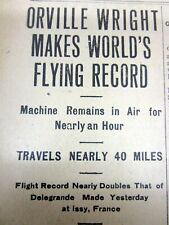 1908 newspaper WRIGHT BROTHERS invent the AIRPLANE They set flight record 1 hour picture
