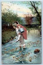 Portage Wisconsin Postcard Couple Lovers Glitter Exterior 1910 Vintage Antique picture