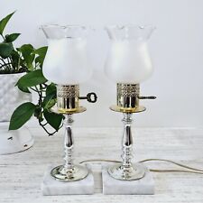 2 Vintage Lamps Table Top Molded White Glass Lamps on Marble Base picture