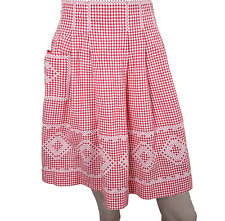 Vintage 1960s Hand Sewn Red & White Checked Embroidered Gingham Country Apron picture
