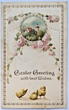 Vintage Antique Easter Postcard Cute Chicks Hydrangeas Embossed Posted 1914 picture