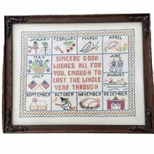 VTG Finished Framed Embroidered Cross Stitch SAMPLER Months Of Year 12x15” Nice picture