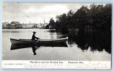 c1905 The River & The Wooded Isle Paddled Boat Grove Plymouth Wisconsin Postcard picture