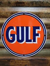 VINTAGE GULF PORCELAIN SIGN OIL GAS STATION PUMP PLATE SERVICE OLD TEXAS LUBE 12 picture