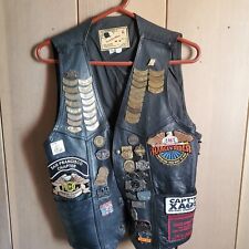 Vintage Leather Motorcycle Vest W Tons Of Harley HOG Sturgis Pins Patches Sz M picture
