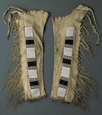 Old Antique Style Suede Leather Handmade Fringes Sioux Beaded Chaps Legggings picture