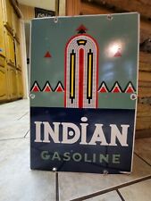 VINTAGE 1943 INDIAN GASOLINE/OIL PUMP PLATE ADVERTISING PORCELAIN METAL SIGN  picture