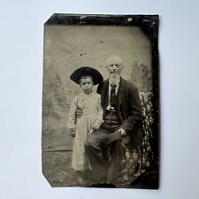 Antique Tintype Photograph Father w/Goatee & Adorable Little Child Big Hat Dress picture