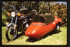 Vintage Kawasaki Motorcycle and Covered Red Side Car Original 35mm Transparency  picture