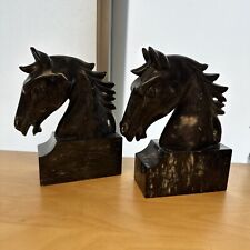 Vintage Italian HORSE HEAD BOOKENDS Black Marble Equestrian Hand Carved 6.75 lb. picture