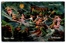 Witches' Dance Place Flying Brooms Postcard c1910 Colorful picture