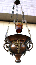 Vintage French metal sanctuary angels caryatid lamp candle holder amber glass picture