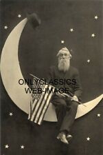 1910 PATRIOTIC BEARDED MAN AMERICAN FLAG & HAT ON PAPER MOON 4X6 PHOTO AMERICANA picture