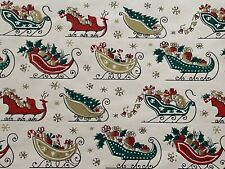 VTG CHRISTMAS WRAPPING PAPER GIFT WRAP GREEN RED GOLD SLEIGHS picture