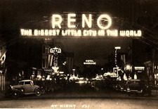 1930s RENO NEVADA NEON LIGHTS 1932 FORD CAR MAIN STREET VIEW RPPC POSTCARD P877 picture
