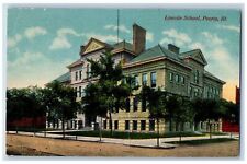 Peoria Illinois IL Postcard Lincoln School Building Exterior 1916 Trees Scene picture
