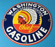 Vintage Washington Gasoline Sign - Indian Chief Gas Porcelain Service Pump Sign picture