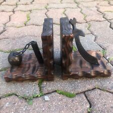 Vintage Mid Century Medieval Dungeon Wood Bookends Flail Mace Sword MCM Wooden picture