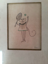 Vintage Miniature Fingerprint Painting of a Mouse with Tennis Racket.P. French picture