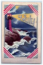 c1910's Fourth Of July Lighthouse Airbrushed Embossed Buffalo NY Posted Postcard picture
